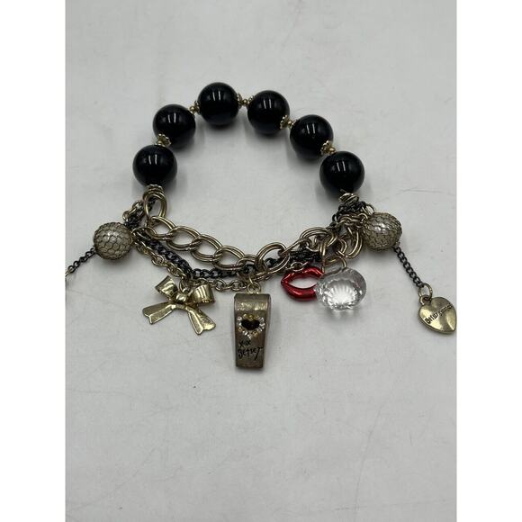 Betsey Johnson Whistle Red Lips Black Beads Black Beads Bow Stretch Bracelet - Picture 13 of 16